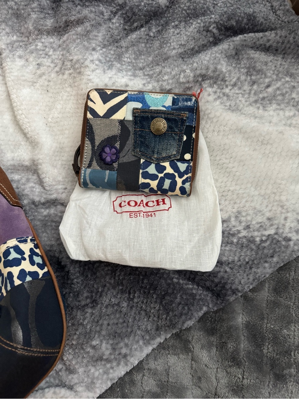 Coach Patchwork Denim Accent Small Wallet in Blue and Cream